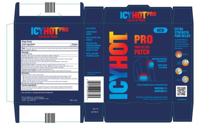 ICY HOT PRO
PAIN RELIEF PATCH
EXTRA STRENGTH WITH 2 PAIN RELIEVERS
MENTHOL 5%
CAMPHOR 3%
CONTAINS 5 PATCHES IN 1 RESEALABLE POUCH

