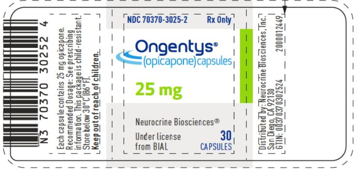 PRINCIPAL DISPLAY PANEL
NDC: <a href=/NDC/70370-3025-2>70370-3025-2</a>
Ongentys®
(opicapone) capsules
25 mg
30 Capsules
Rx only
