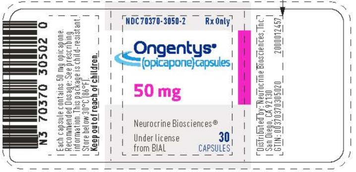 PRINCIPAL DISPLAY PANEL
NDC: <a href=/NDC/70370-3050-2>70370-3050-2</a>
Ongentys®
(opicapone) capsules
50 mg
30 Capsules
Rx only
