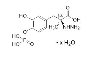 Foscarbidopa, an inhibitor of aromatic amino acid decarboxylation, is a white to light yellow powder, freely soluble in aqueous media, with a molecular weight of 306.21 g/mol anhydrous. It is designated chemically as (2S)-2-hydrazinyl-3-[3-hydroxy-4-(phosphonooxy)phenyl]-2-methylpropanoic acid trihydrate. Its empirical formula is C10H15N2O7P (anhydrous basis), and its structural formula is: 