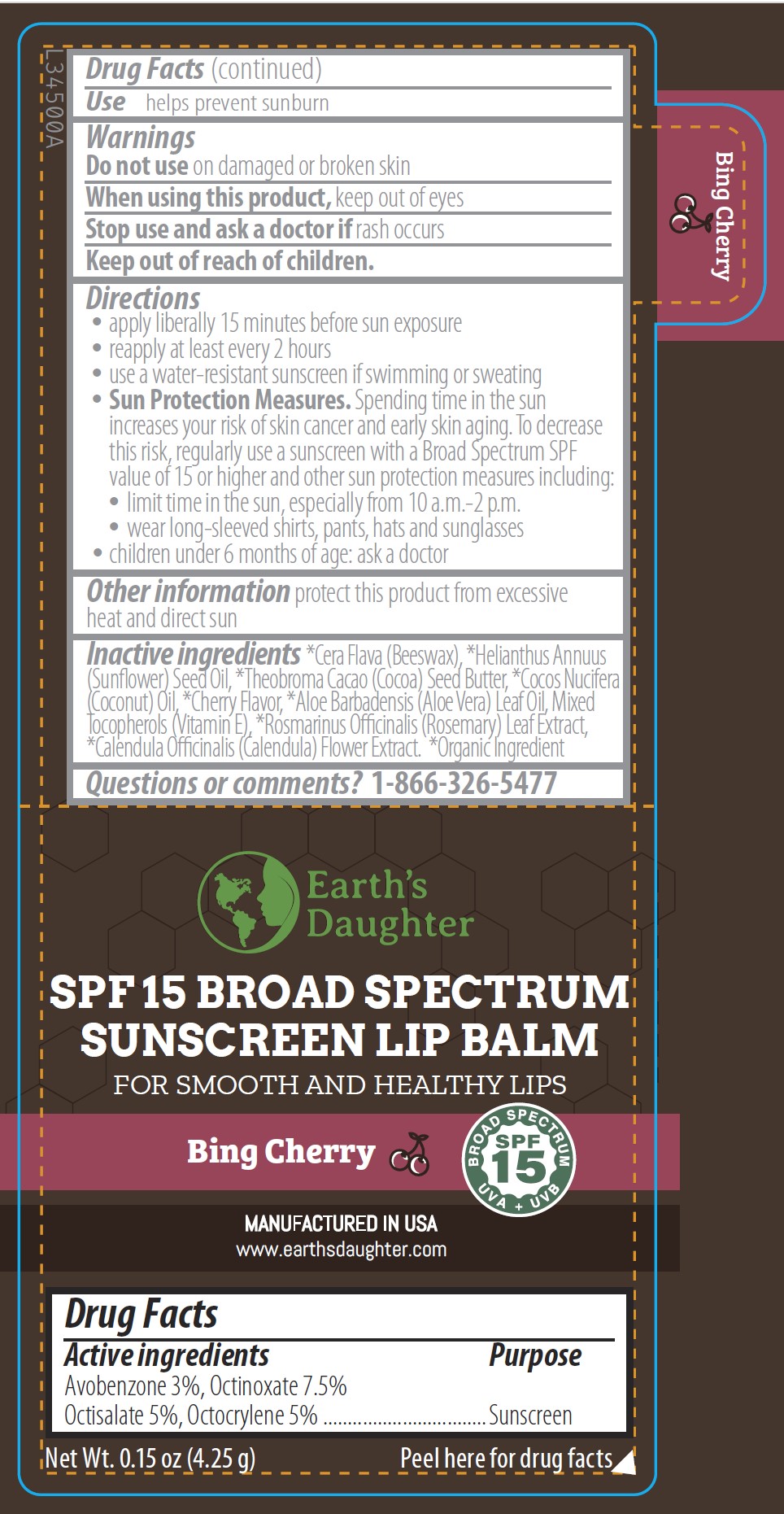 Earth's Daughter Bing Cherry SPF 15 Broad Spectrum Lip Balm 0.15 oz Label