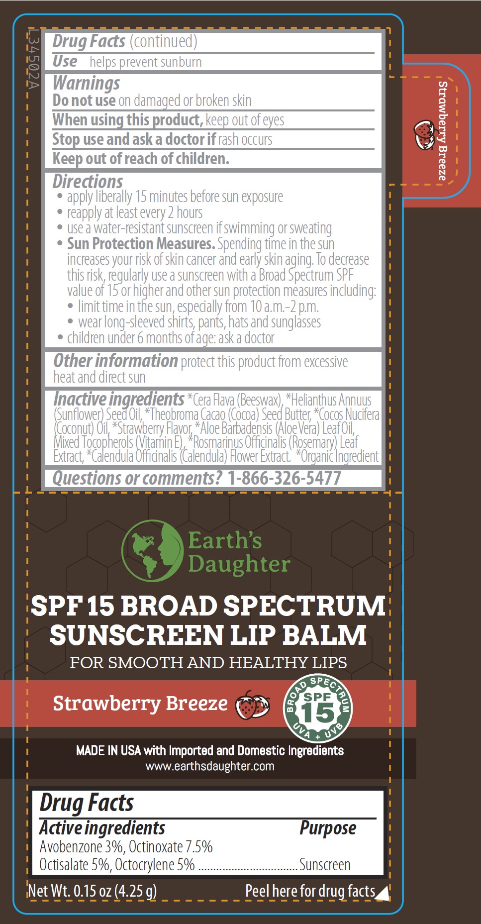 Earth's Daughter Strawberry Breeze SPF 15 Broad Spectrum Lip Balm 0.15 oz Label