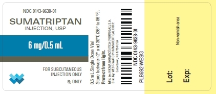 NDC: <a href=/NDC/0143-9638-01>0143-9638-01</a> SUMATRIPTAN INJECTION, USP 6 mg (base)/0.5 mL FOR SUBCUTANEOUS INJECTION ONLY Rx ONLY 0.5 mL Single Dose Vial Store between 2º and 30ºC (36º to 86ºF). Protect from light.