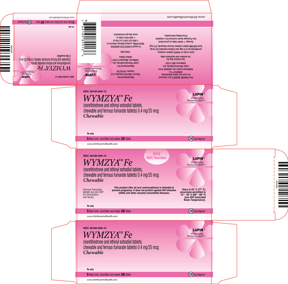 NDC: <a href=/NDC/68180-899-13>68180-899-13</a> WYMZYATM Fe (norethindrone and ethinyl estradiol tablets, chewable and ferrous fumarate tablets) 0.4 mg/35 mcg 5 Blister Cards. Each Blister Card contains 28 Tablets