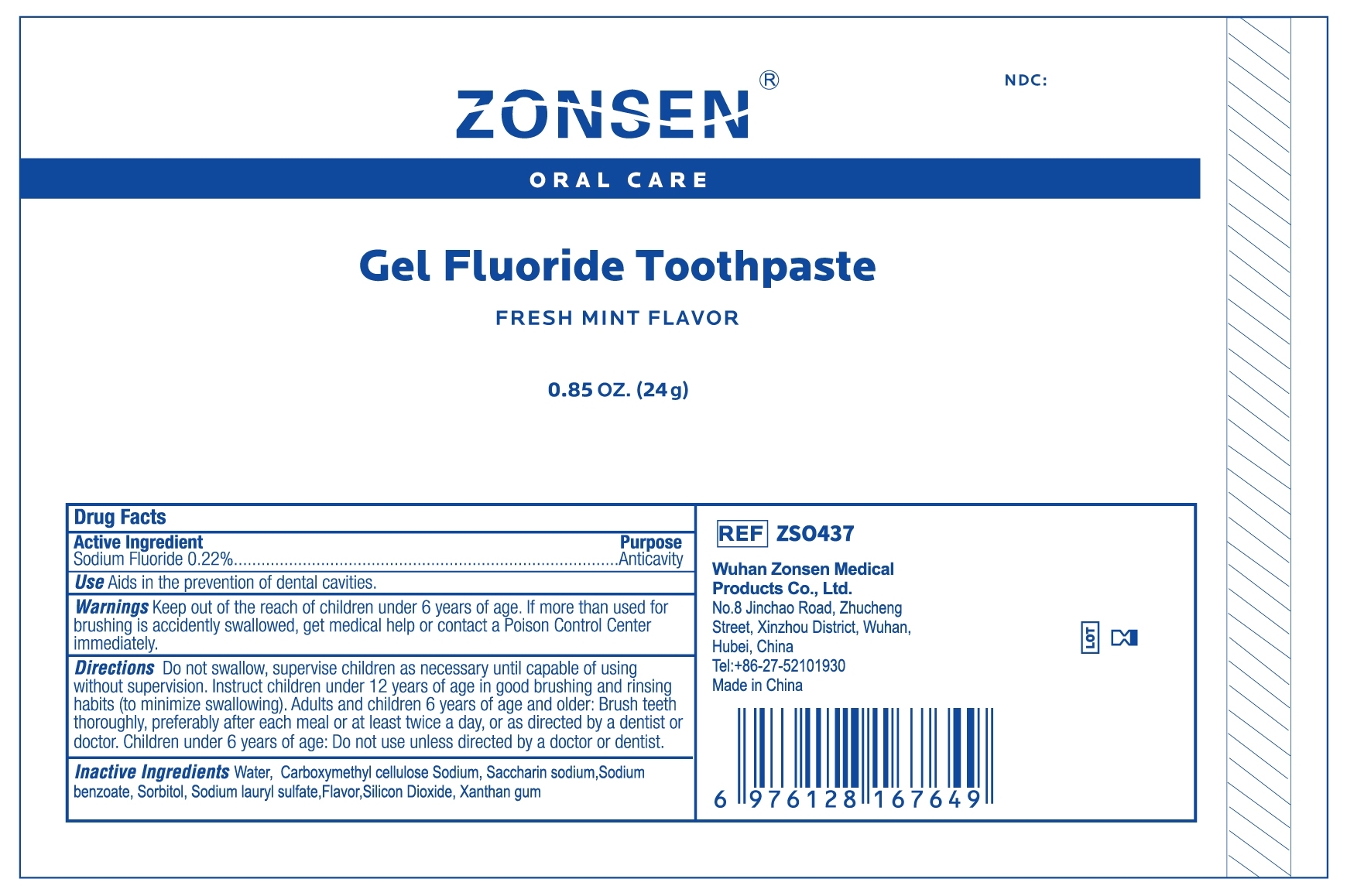 ZONSEN NDC: <a href=/NDC/72932-015-01>72932-015-01</a>  Oral Care  Gel Fluoride Toothpaste  FRESH MINT FLAVOR  0.85 OZ. (24 g)