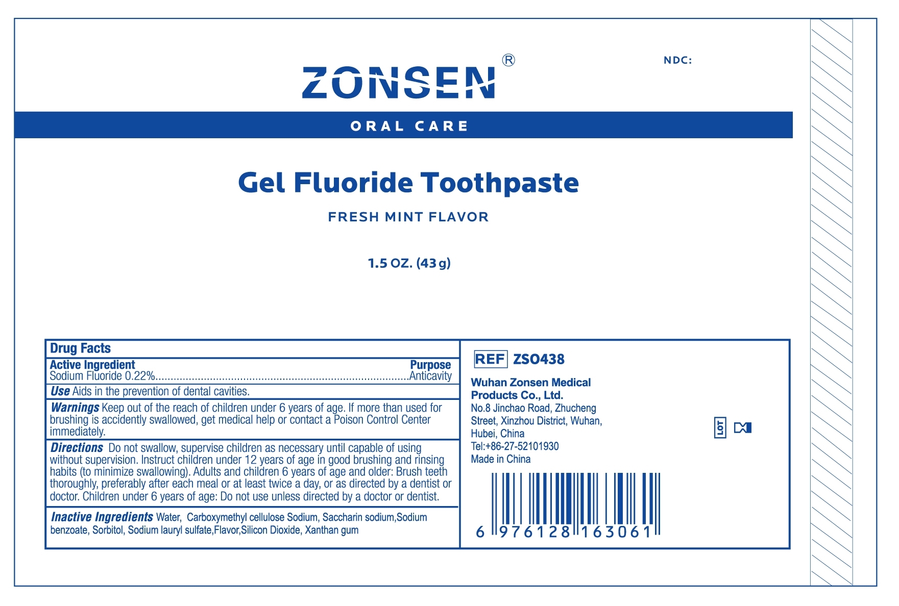 ZONSEN NDC: <a href=/NDC/72932-015-02>72932-015-02</a>  Oral Care  Gel Fluoride Toothpaste  FRESH MINT FLAVOR  1.5 OZ. (43 g)