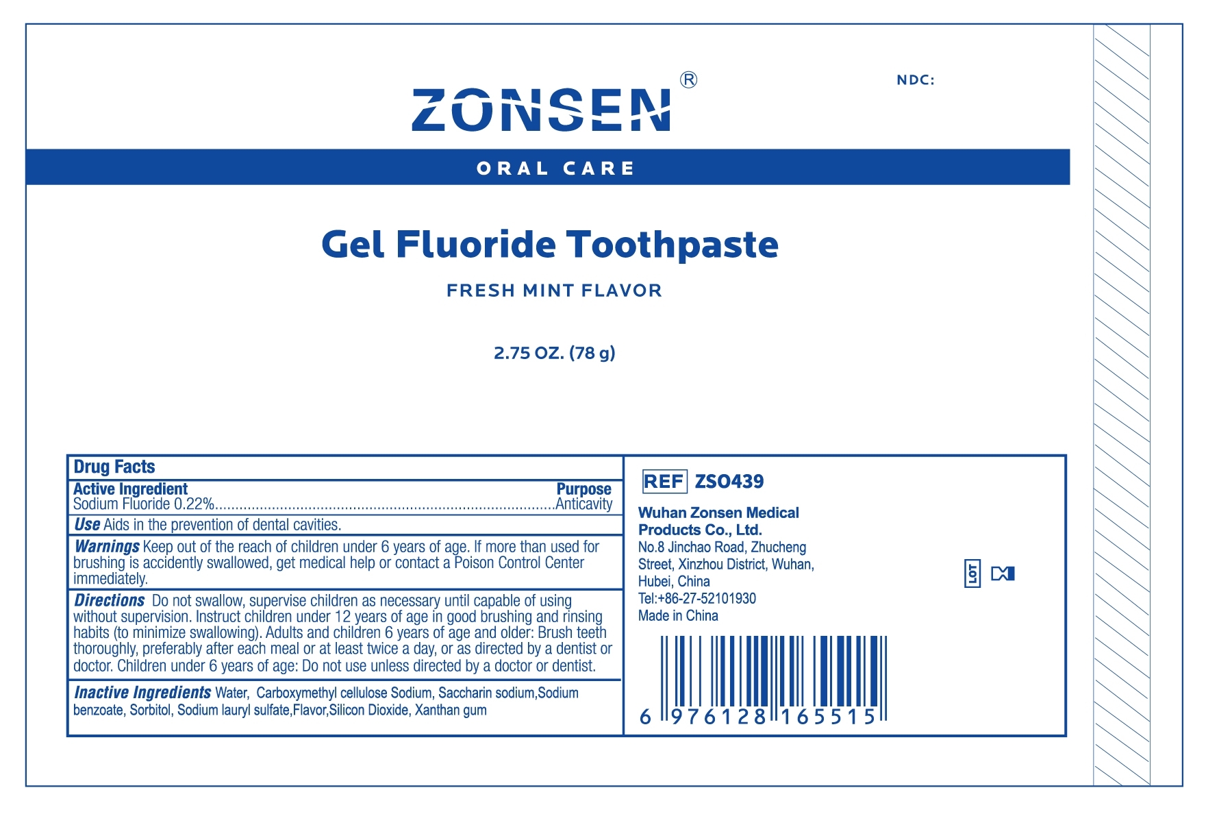 ZONSEN NDC: <a href=/NDC/72932-015-03>72932-015-03</a>  Oral Care  Gel Fluoride Toothpaste  FRESH MINT FLAVOR  2.75 OZ. (78 g)