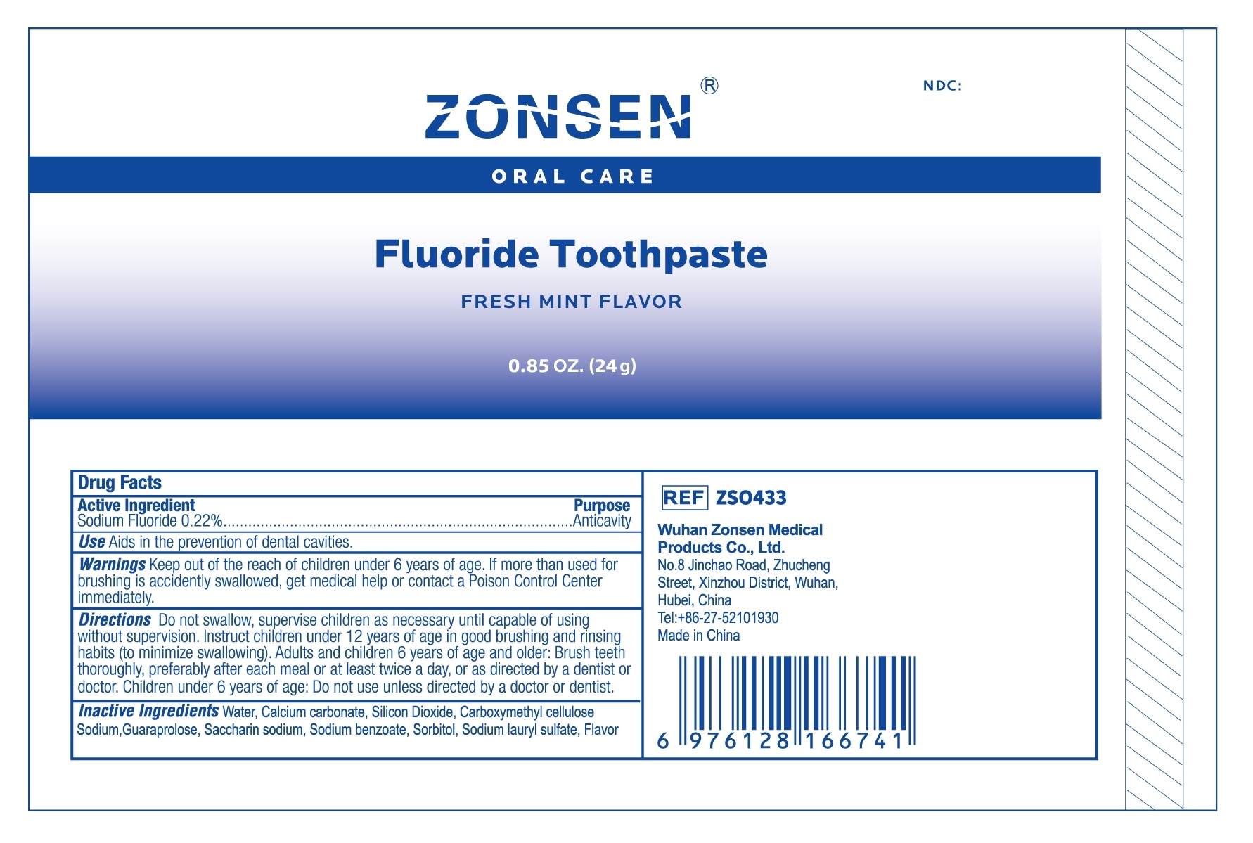 ZONSEN NDC: <a href=/NDC/72932-016-01>72932-016-01</a>  Oral Care  Fluoride Toothpaste  FRESH MINT FLAVOR  0.85 OZ. (24 g)