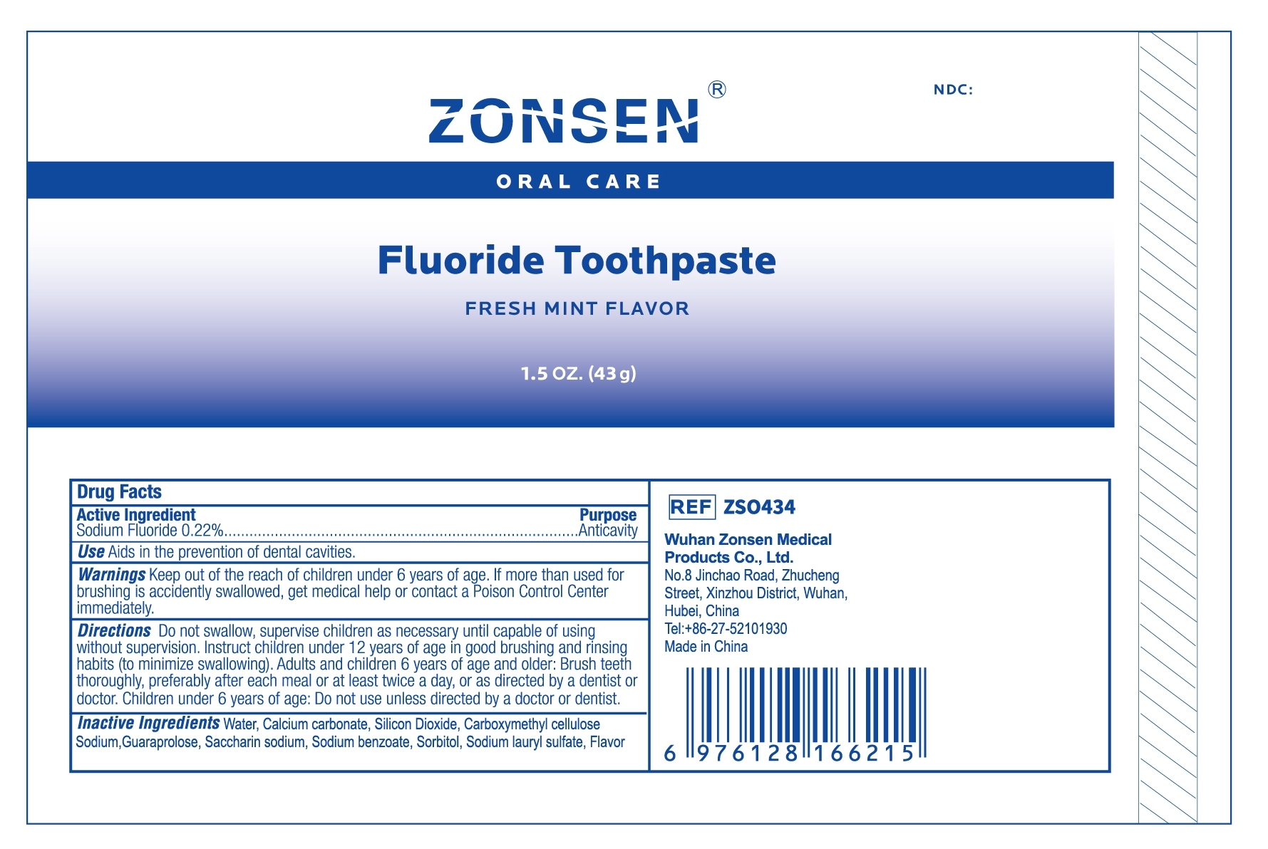 ZONSEN NDC: <a href=/NDC/72932-016-02>72932-016-02</a>  Oral Care  Fluoride Toothpaste  FRESH MINT FLAVOR  1.5 OZ. (43 g)