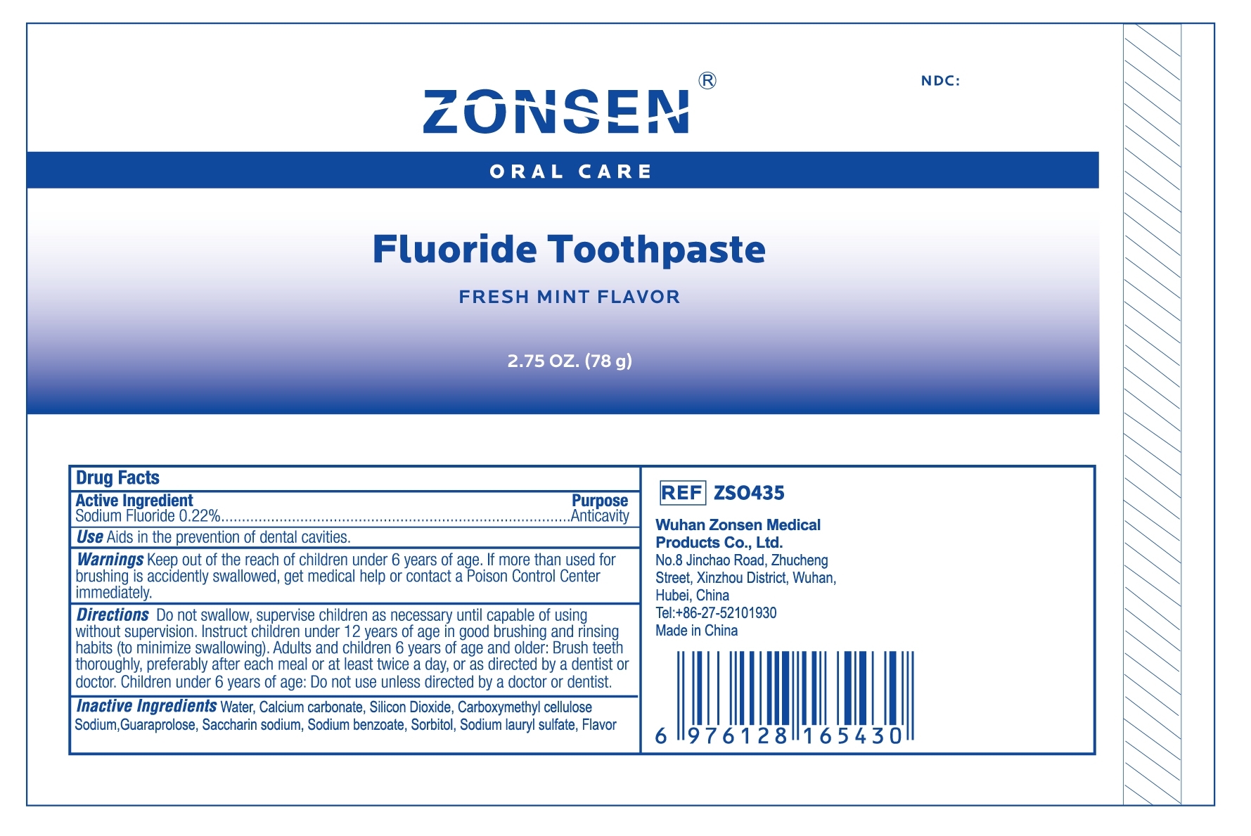 ZONSEN NDC: <a href=/NDC/72932-016-03>72932-016-03</a>  Oral Care  Fluoride Toothpaste  FRESH MINT FLAVOR  2.75 OZ. (78 g)