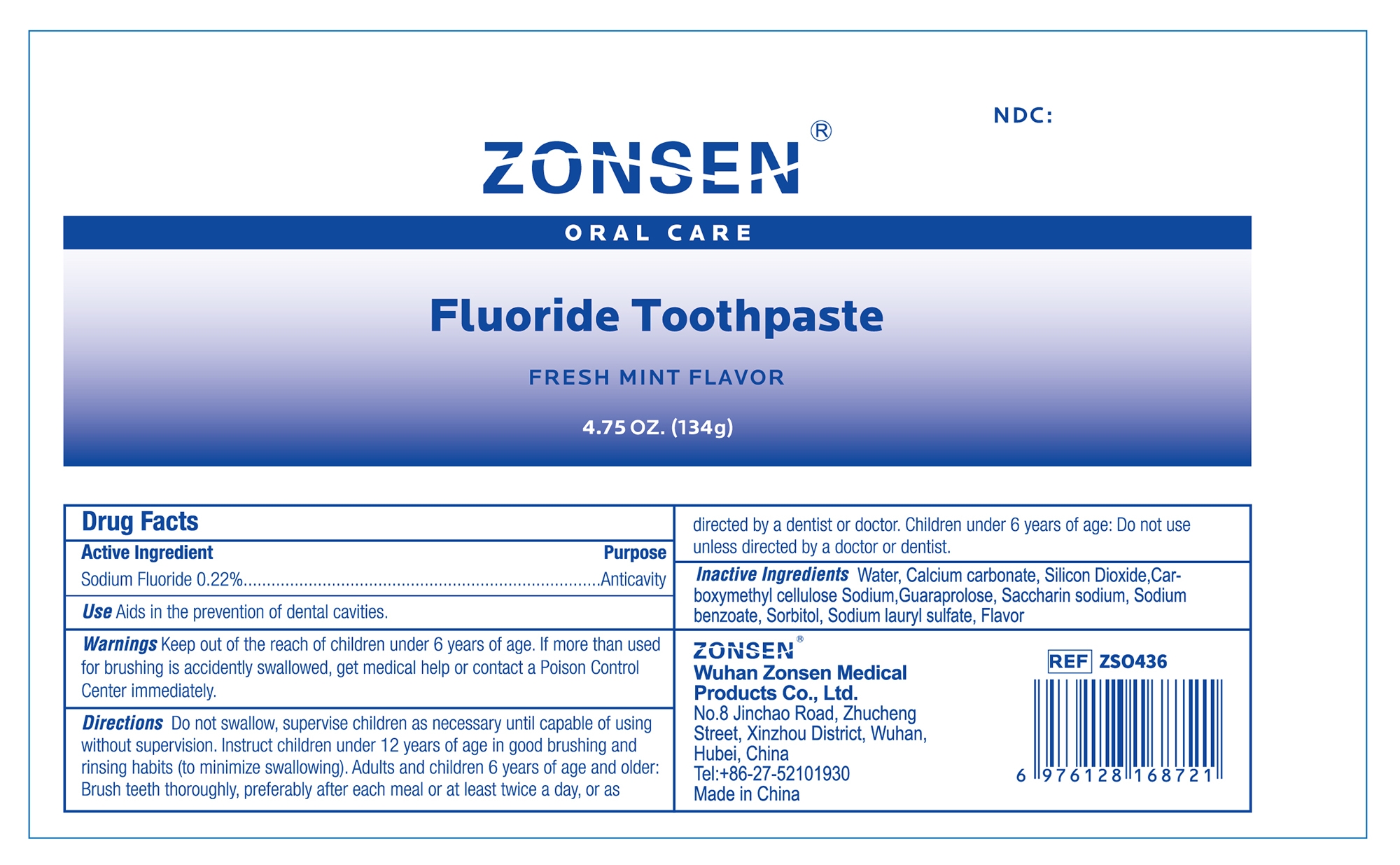 ZONSEN NDC: <a href=/NDC/72932-016-04>72932-016-04</a>  Oral Care  Fluoride Toothpaste  FRESH MINT FLAVOR  4.75 OZ. (134 g)