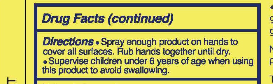 Directions Spray enough product on hands to cover all surfaces. Rub hands together until dry. Supervise children under 6 years of age when using this product to avoid swallowing.