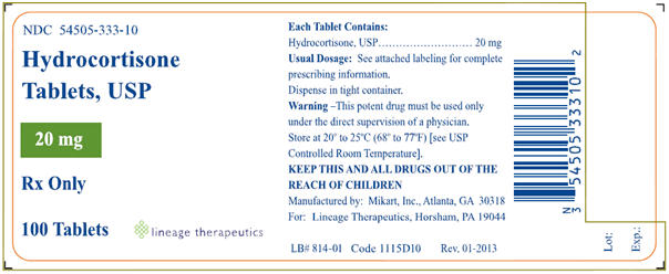 Hydrocortisone Tablets, USP 20 mg - 100 Tablets NDC: <a href=/NDC/64720-333-10>64720-333-10</a>