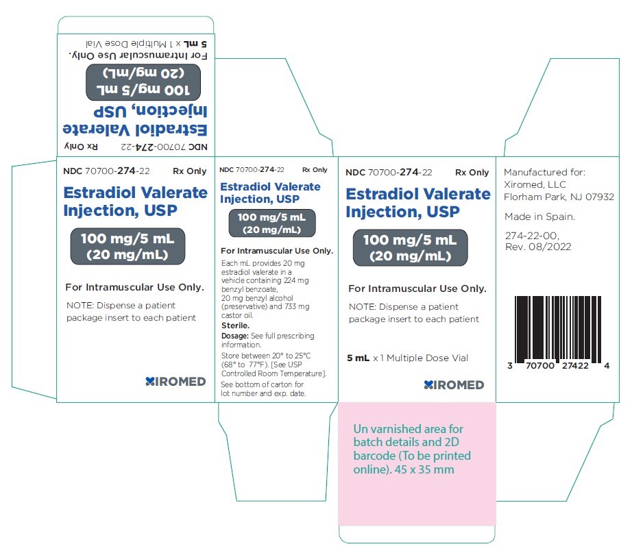 Estradiol valerate injection, USP 20 mg/mL - NDC: <a href=/NDC/70700-274-22>70700-274-22</a>- Carton Label