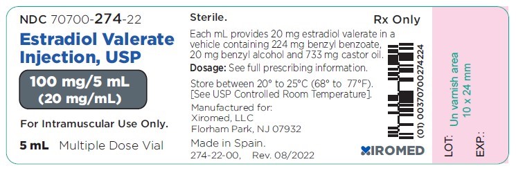 Estradiol valerate injection, USP 20 mg/mL - NDC: <a href=/NDC/70700-274-22>70700-274-22</a>- Vial Label