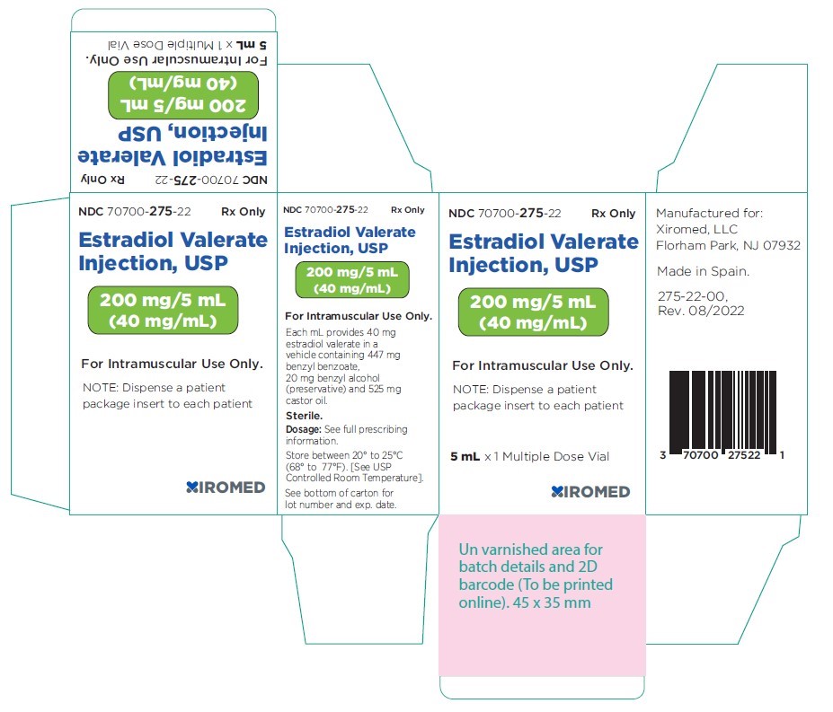 Estradiol valerate injection, USP 40 mg/mL - NDC: <a href=/NDC/70700-275-22>70700-275-22</a> - Carton Label