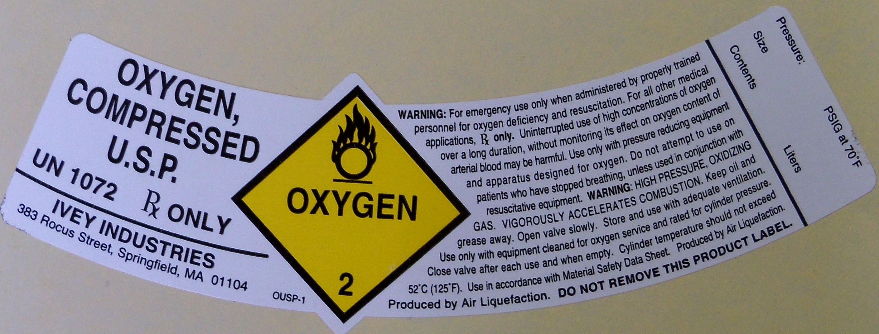 oxygen compressed usp label