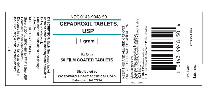 NDC: <a href=/NDC/0143-9948-50>0143-9948-50</a> CEFADROXIL TABLETS, USP 1 gram Rx Only 50 FILM COATED TABLETS