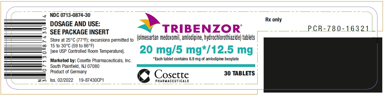 PRINCIPAL DISPLAY PANEL NDC: <a href=/NDC/0713-0874-30>0713-0874-30</a> TRIBENZOR (olmesartan medoxomil, amlodipine, hydrochlorothiazide) tablets 20 mg/5 mg*/12.5 mg 30 Tablets Rx only