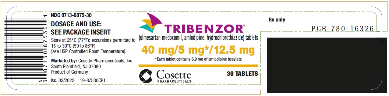 PRINCIPAL DISPLAY PANEL NDC: <a href=/NDC/0713-0875-30>0713-0875-30</a> TRIBENZOR (olmesartan medoxomil, amlodipine, hydrochlorothiazide) tablets 40 mg/5 mg*/12.5 mg 30 Tablets Rx only