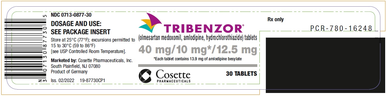 PRINCIPAL DISPLAY PANEL NDC: <a href=/NDC/0713-0877-30>0713-0877-30</a> TRIBENZOR (olmesartan medoxomil, amlodipine, hydrochlorothiazide) tablets 40 mg/10 mg*/12.5 mg 30 Tablets Rx only