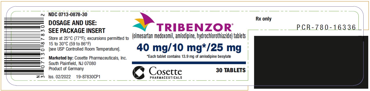 PRINCIPAL DISPLAY PANEL NDC: <a href=/NDC/0713-0878-30>0713-0878-30</a> TRIBENZOR (olmesartan medoxomil, amlodipine, hydrochlorothiazide) tablets 40 mg/10 mg*/25 mg 30 Tablets Rx only