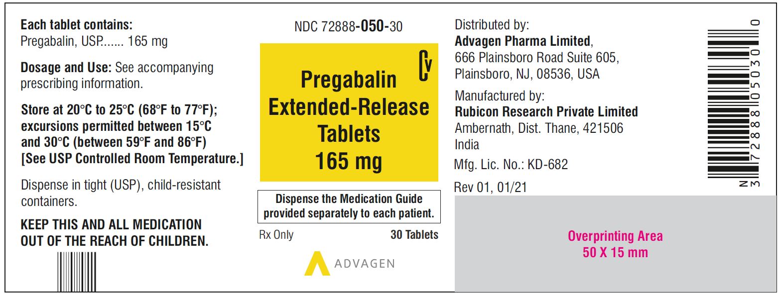 Pregabalin Extended-Release tablets, 165 mg - NDC: <a href=/NDC/72888-050-30>72888-050-30</a> - 30 Tablets Container Label