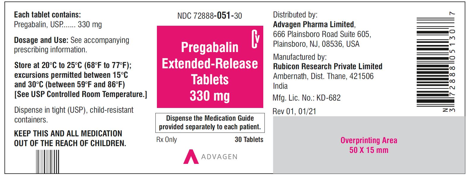 Pregabalin Extended-Release tablets, 330 mg - NDC: <a href=/NDC/72888-051-30>72888-051-30</a> - 30 Tablets Container Label