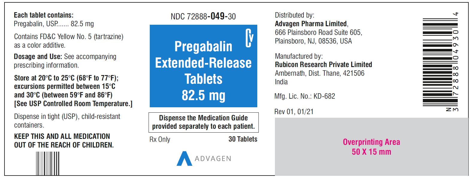 Pregabalin Extended-Release tablets, 82.5 mg - NDC: <a href=/NDC/72888-049-30>72888-049-30</a> - 30 Tablets Container Label