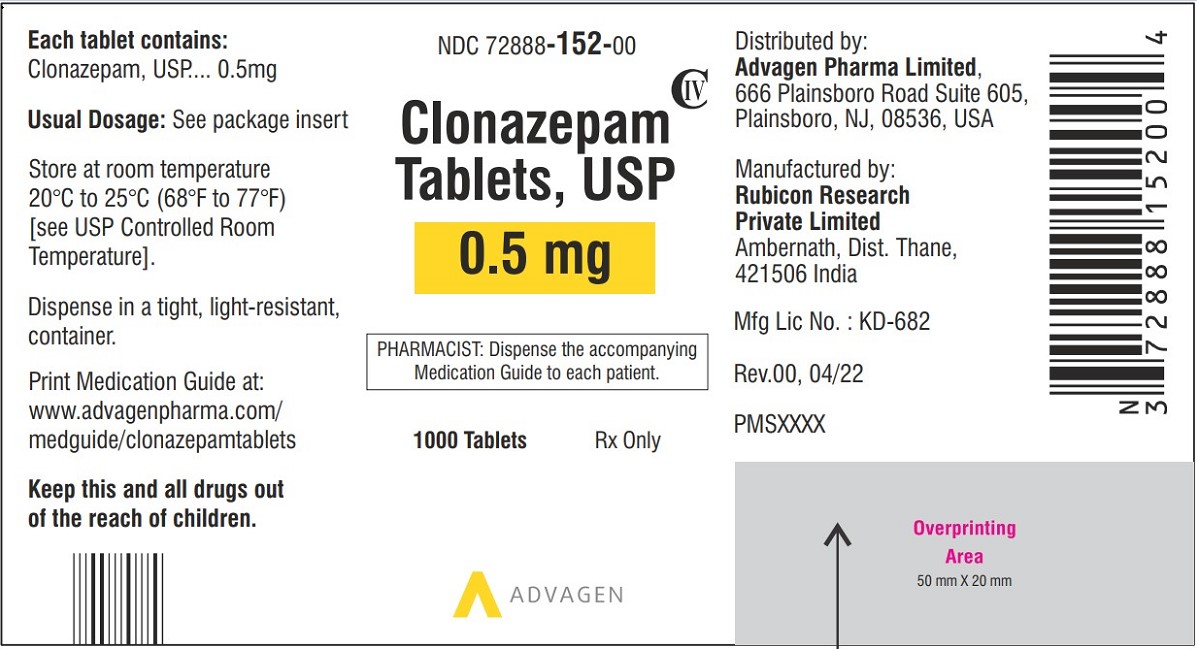 Clonazepam Tablets USP, 0.5 mg - NDC: <a href=/NDC/72888-152-00>72888-152-00</a> - 1000 Tablets Label