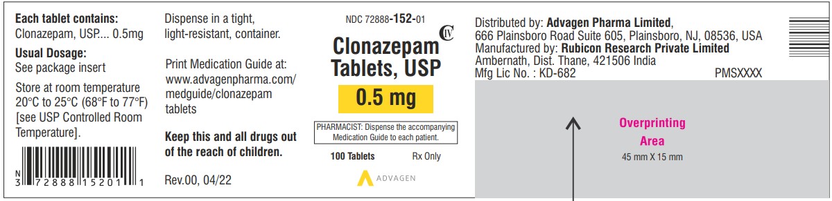 Clonazepam Tablets USP, 0.5 mg - NDC: <a href=/NDC/72888-152-01>72888-152-01</a> - 100 Tablets Label