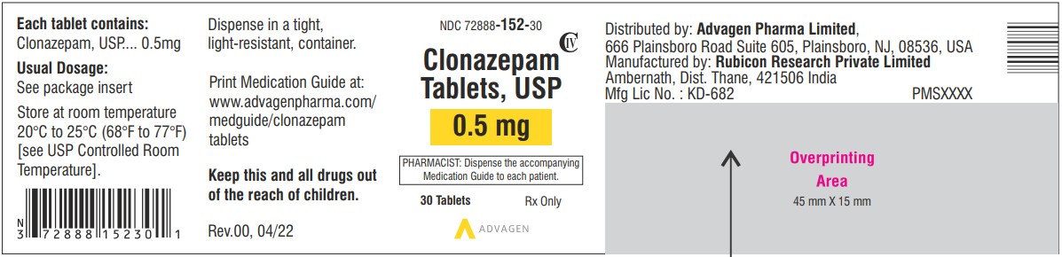 Clonazepam Tablets USP, 0.5 mg  - NDC: <a href=/NDC/72888-152-30>72888-152-30</a> - 30 Tablets Label