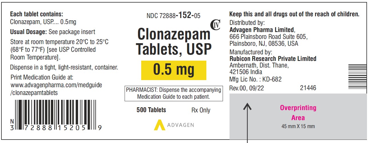 Clonazepam Tablets USP, 0.5 mg - NDC: <a href=/NDC/72888-152-05>72888-152-05</a> - 500 Tablets Label