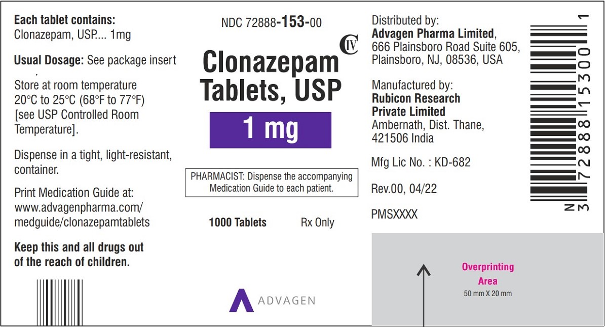  Clonazepam Tablets USP, 1 mg  - NDC: <a href=/NDC/72888-153-00>72888-153-00</a> - 1000 Tablets Label
