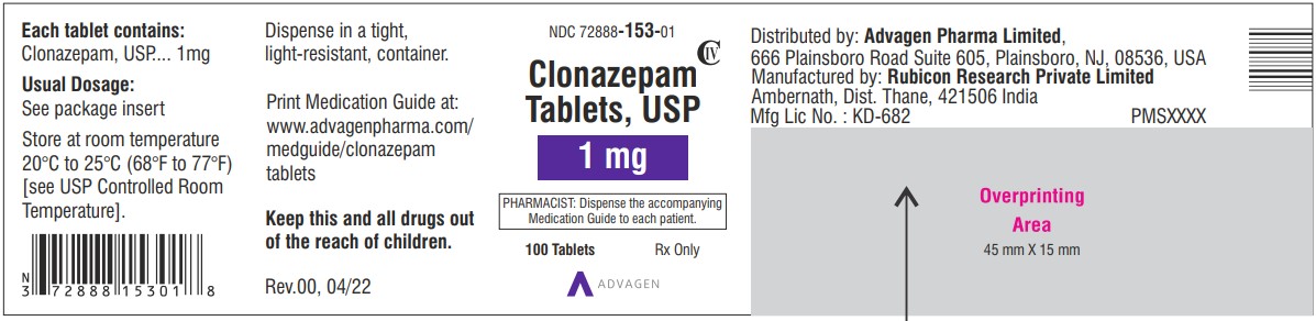 Clonazepam Tablets USP, 1 mg  - NDC: <a href=/NDC/72888-153-01>72888-153-01</a> - 100 Tablets Label