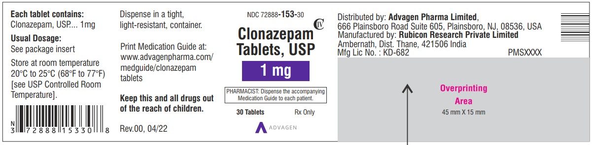 Clonazepam Tablets USP, 1 mg  - NDC: <a href=/NDC/72888-153-30>72888-153-30</a> - 30 Tablets Label