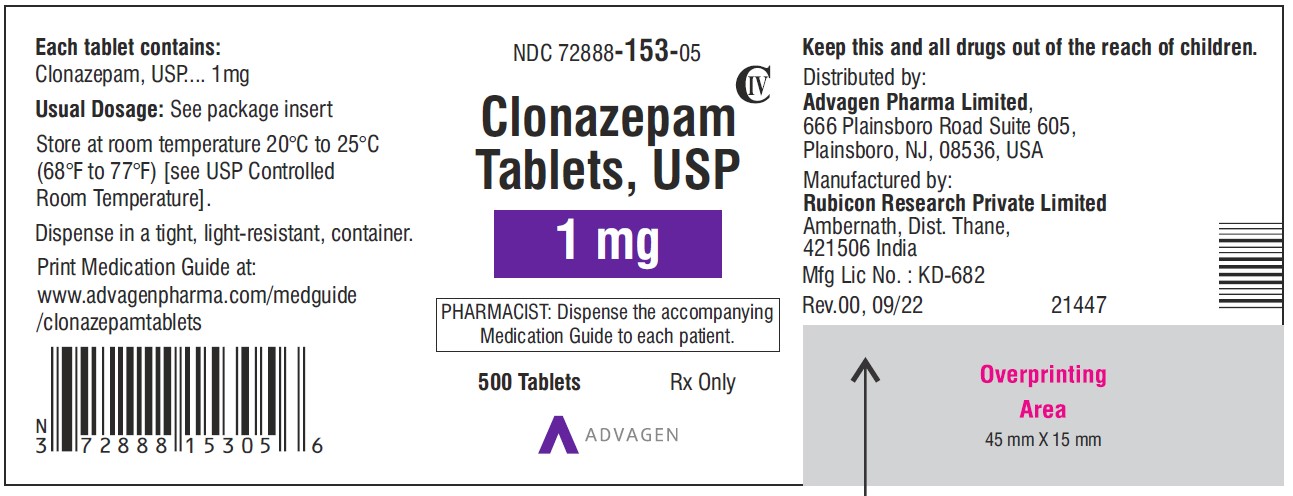Clonazepam Tablets USP, 1 mg  - NDC: <a href=/NDC/72888-153-05>72888-153-05</a> - 500 Tablets Label