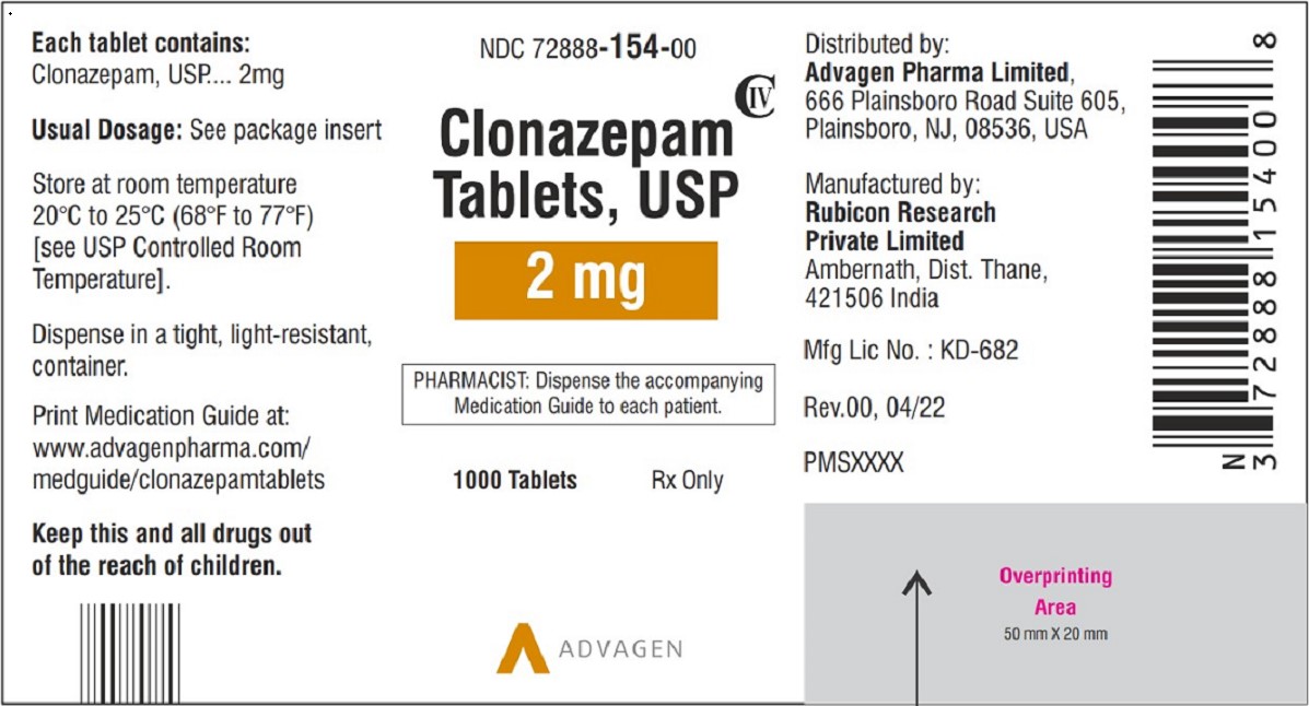Clonazepam Tablets USP,  2mg  - NDC: <a href=/NDC/72888-154-00>72888-154-00</a> - 1000 Tablets Label