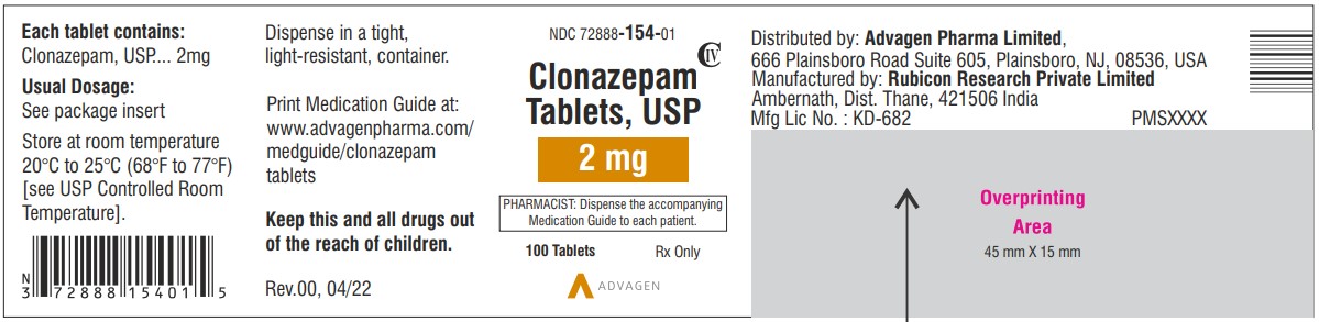 Clonazepam Tablets USP,  2mg  - NDC: <a href=/NDC/72888-154-01>72888-154-01</a> - 100 Tablets Label