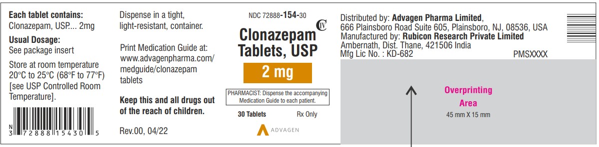 Clonazepam Tablets USP,  2mg  - NDC: <a href=/NDC/72888-154-30>72888-154-30</a> - 30 Tablets Label