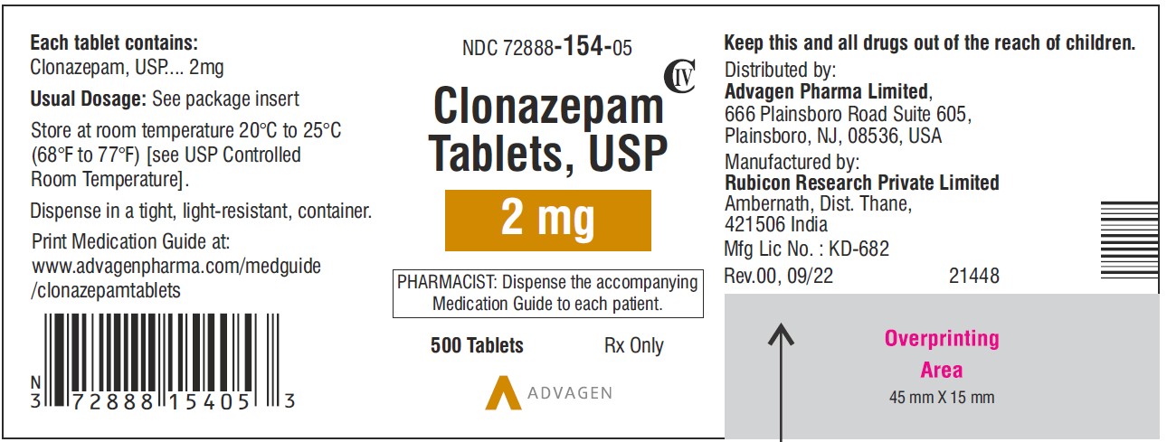 Clonazepam Tablets USP,  2mg  - NDC: <a href=/NDC/72888-154-05>72888-154-05</a> - 500 Tablets Label