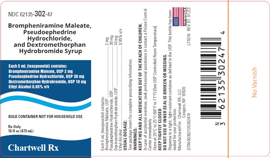 Brompheniramine Maleate, Pseudoephedrine Hydrochloride, and Dextromethorphan Hydrobromide Syrup 16 FL.OZ. (473ml) - NDC: <a href=/NDC/62135-302-47>62135-302-47</a> - Label