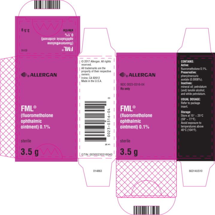 NDC: <a href=/NDC/0023-0316-04>0023-0316-04</a>
FML
(fluorometholone 
ophthalmic 
ointment) 0.1%
Sterile
3.5 g
Rx Only
