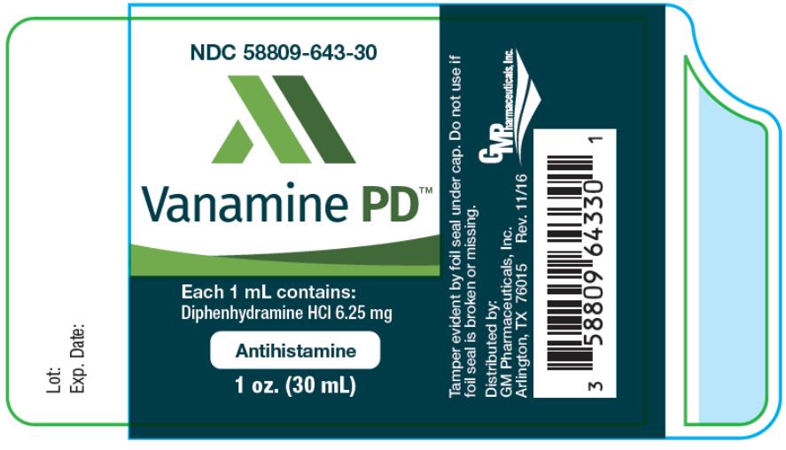 NDC: <a href=/NDC/58809-643-30>58809-643-30</a>
Vanamine PD
Each 1 mL contains:
Diphenhydramine HCI 6.25 mg
Antihistamine
1 oz. (30 mL)
