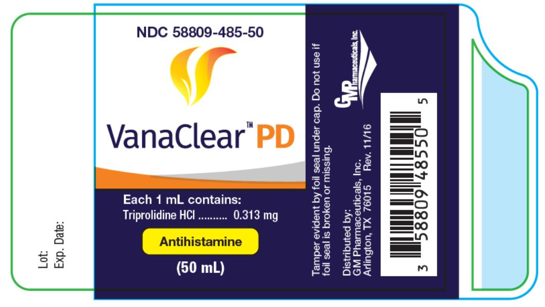 NDC: <a href=/NDC/58809-485-50>58809-485-50</a>
VanaClear PD
Each 1 mL contains:
Triprolidine HCI…….0.313 mg
Antihistamine
(50 mL)
