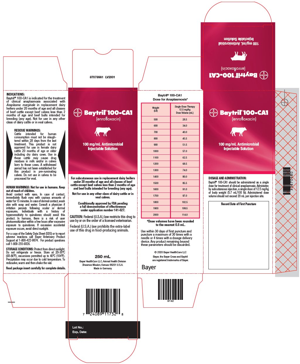 Baytril 100-CA1 (enrofloxacin) 100 mg/mL Antimicrobial Injectable Solution 250 mL Carton Label