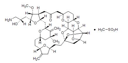 a product isolated from the marine sponge Halichondria okadai.  The chemical name for eribulin mesylate is 11,15:18,21:24,28-Triepoxy-7,9-ethano-12,15-methano-9H,15H-furo[3,2-i]furo[2',3':5,6]pyrano[4,3-b][1,4]dioxacyclopentacosin-5(4H)-one, 2-[(2S)-3-amino-2-hydroxypropyl]hexacosahydro-3-methoxy-26-methyl-20,27-bis(methylene)-, (2R,3R,3aS,7R,8aS,9S,10aR,11S,12R,13aR,13bS,15S,18S,21S,24S,26R,28R,29aS)-, methanesulfonate (salt).  It has a molecular weight of 826.0 (729.9 for free base).  The empirical formula is C40H59NO11CH4O3S.  Eribulin mesylate has the following structural formula: 
