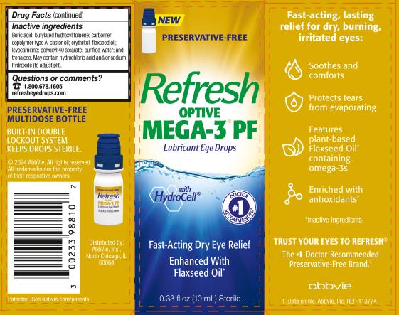 PRINCIPAL DISPLAY PANEL
NDC: <a href=/NDC/0023-3988-10>0023-3988-10</a>
NEW 
PRESERVATIVE-FREE

Refresh
OPTIVE
MEGA-3® PF
Lubricant Eye Drops

with Hydrocell®

Fast-Acting Dry Eye Relief

Enhanced With
Flaxseed Oil*

0.33 fl oz (10 mL) Sterile
