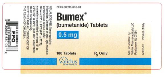 NDC: <a href=/NDC/30698-630-01>30698-630-01</a>
Bumex®
(bumetanide) Tablets
0.5 mg
100 Tablets
Rx Only
