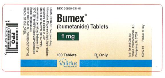 NDC: <a href=/NDC/30698-631-01>30698-631-01</a>
Bumex®
(bumetanide) Tablets
1 mg
100 Tablets
Rx Only
